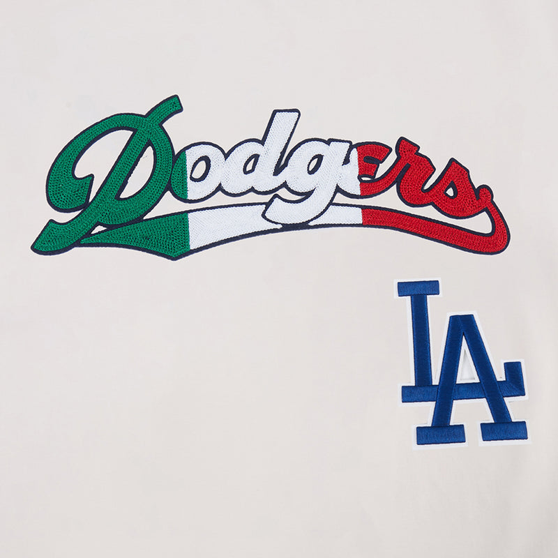 Men's Dodgers graphic on eggshell tee, green script logo with red stripe