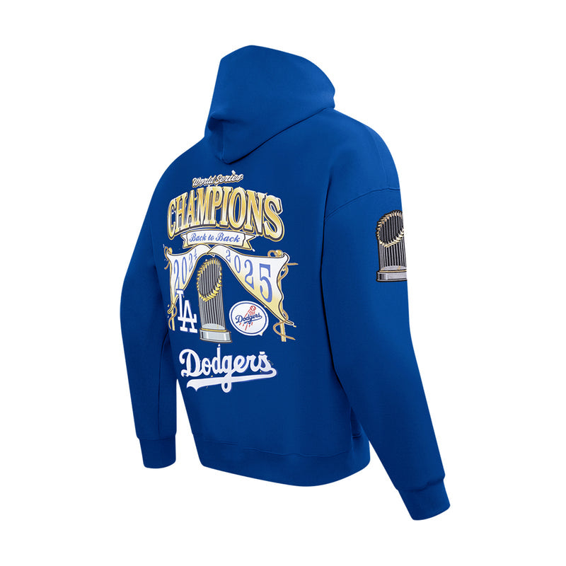 Men's blue hoodie with Back to Back Champions Dodgers back and World Series trophy
