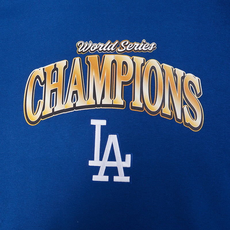 Blue hoodie with World Series Champions LA logo front close-up