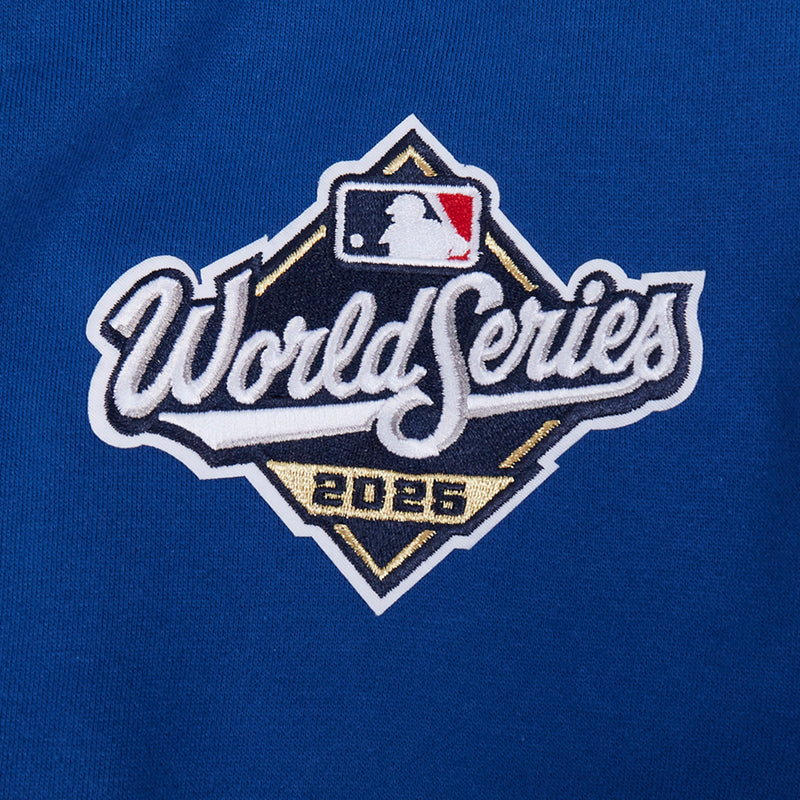 Blue hoodie with World Series Dodgers 2024 patch logo emblem close-up