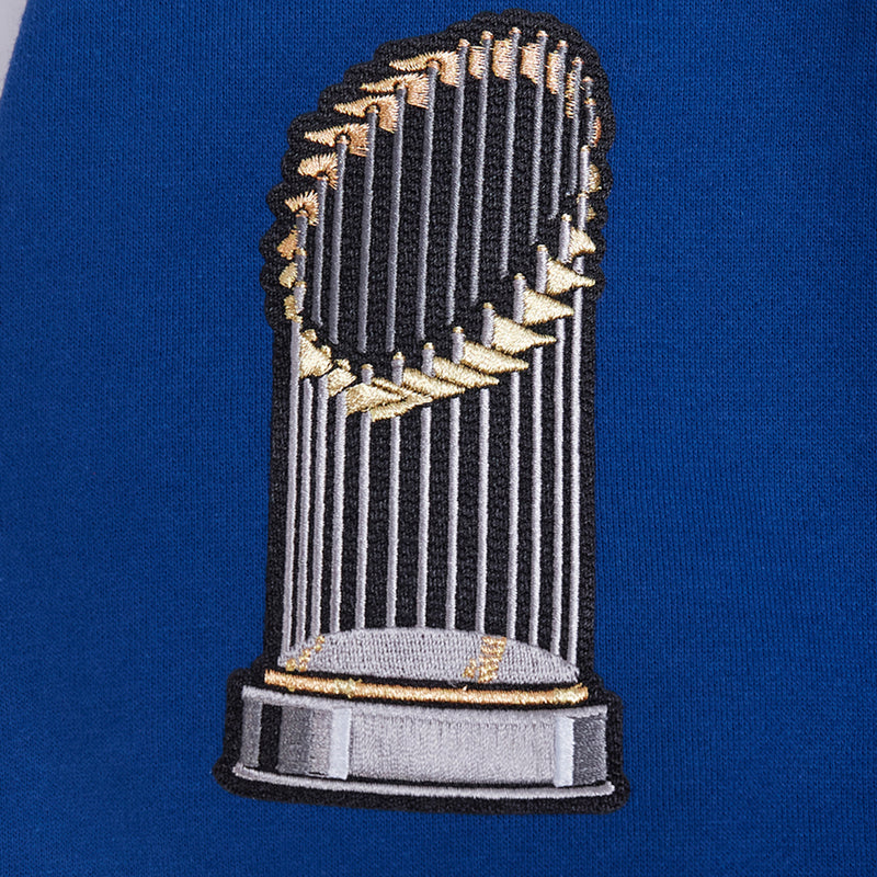 Blue hoodie with World Series trophy graphic embroidered close-up