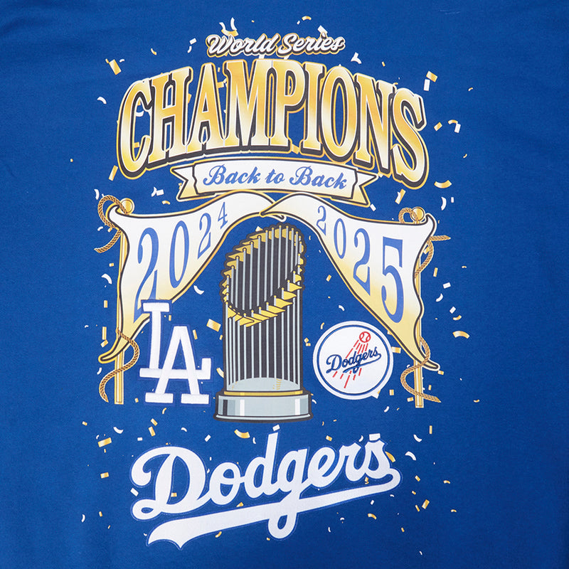Blue hoodie with World Series Champions Back to Back 2024–2025 Dodgers back graphic
