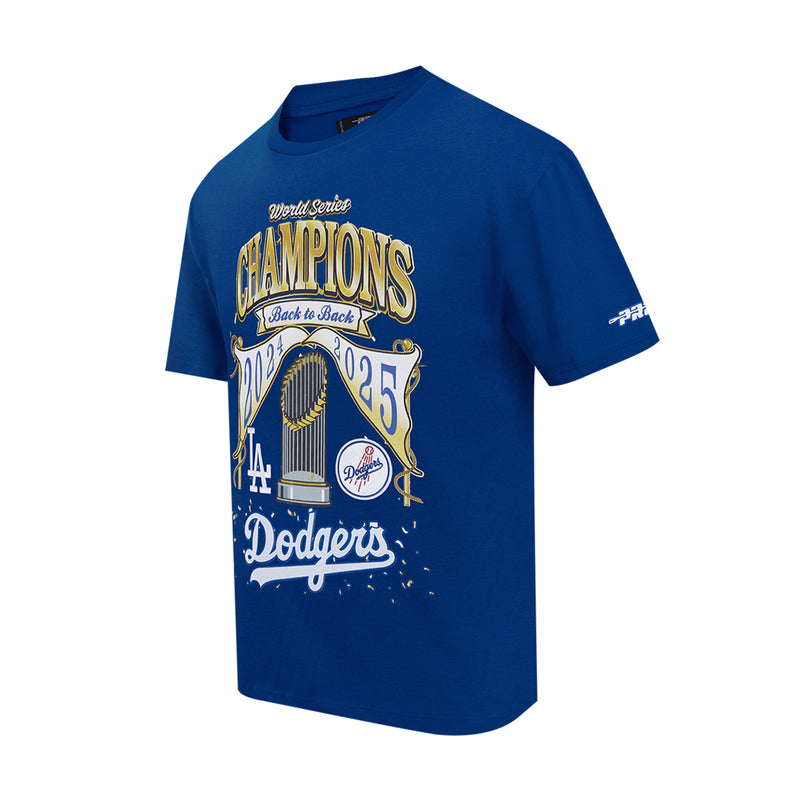 Men's Los Angeles Dodgers blue tee, side view with Champions “Back to Back” front print