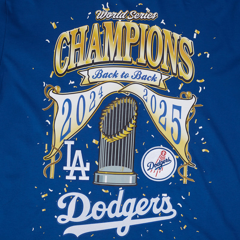 Men's Los Angeles Dodgers blue tee close-up: “Champions Back to Back” 2024 2025 artwork