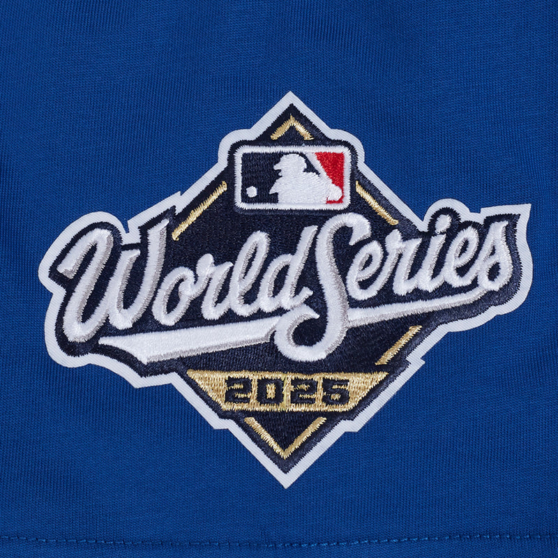 Men's Los Angeles Dodgers blue tee close-up of World Series 2021-2025 patch logo