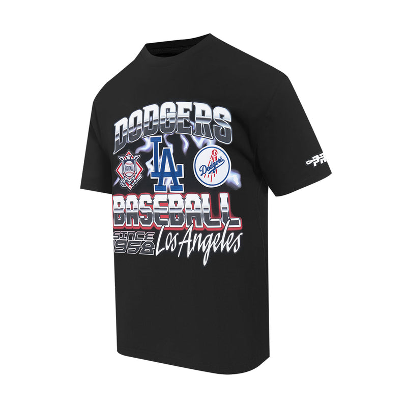 Men's black Dodgers graphic T-shirt, front design with LA and Baseball since 1958