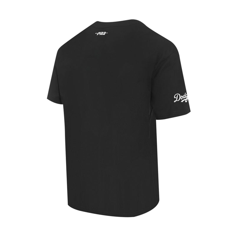 Men's black Dodgers T-shirt, back view with small logo and script on sleeve