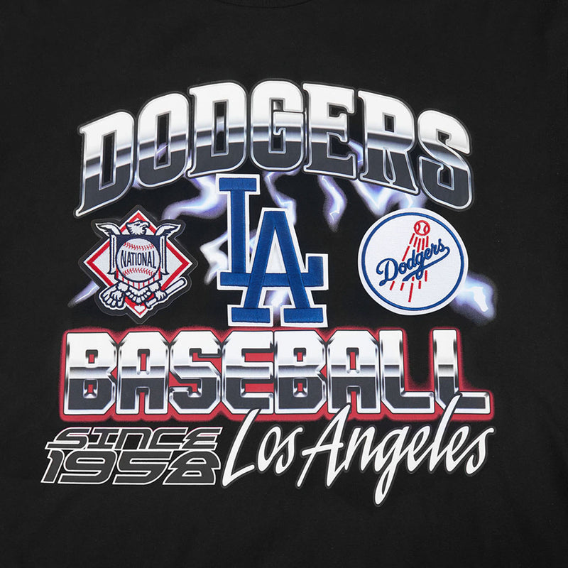 Close-up of black Dodgers T-shirt chest graphic with LA and Baseball since 1958