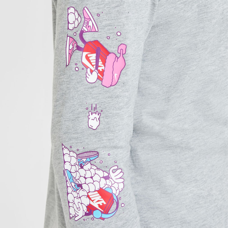 Youth long-sleeve boxy tee, heather gray, colorful vertical character graphic