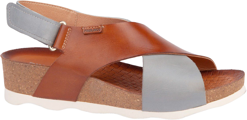 Brown sandal with gray straps on a white background