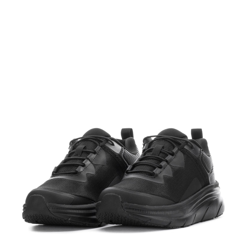 Pair of women's slip-resistant black lace-up sneakers, front angle, thick tread sole