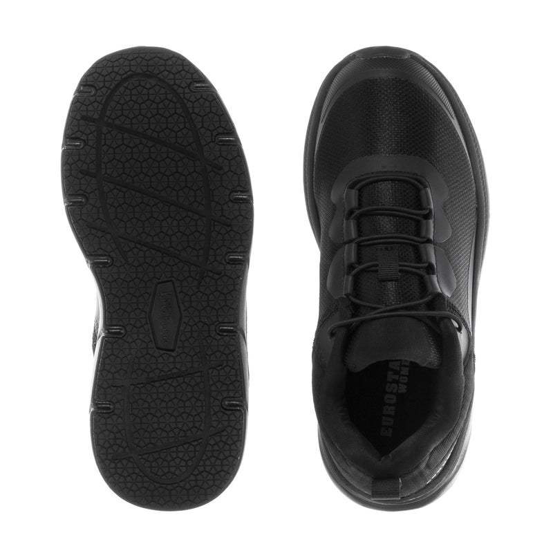 Women's slip-resistant black sneakers, outsole tread and heel view