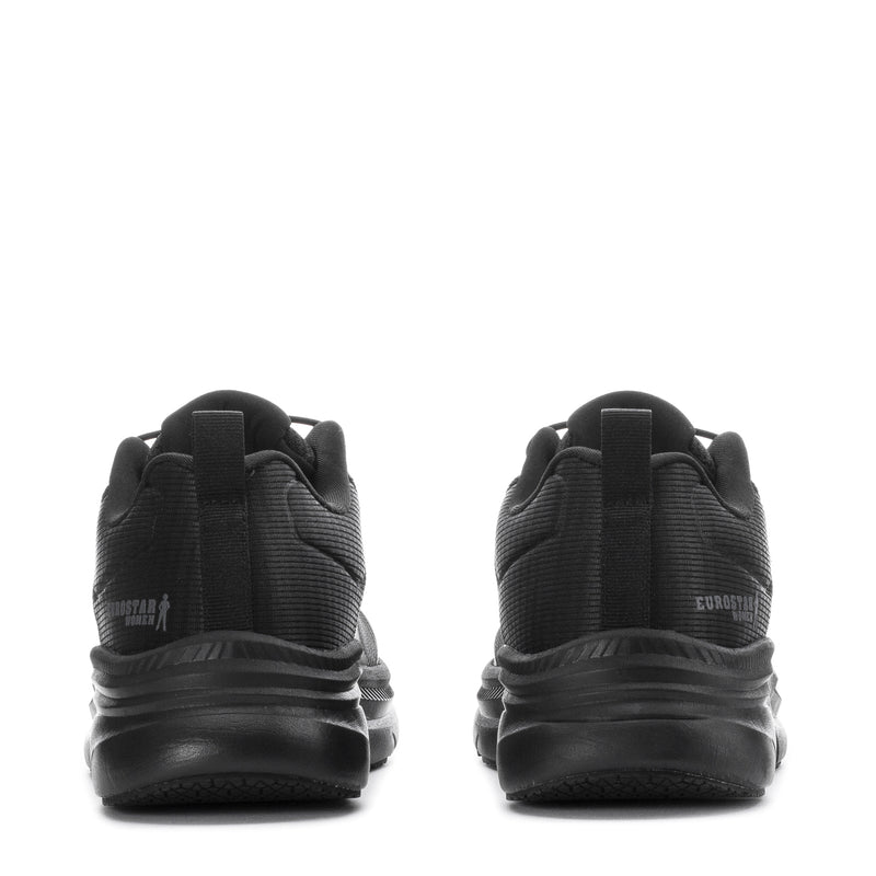 Women's slip-resistant black sneakers, rear heel view, padded collar