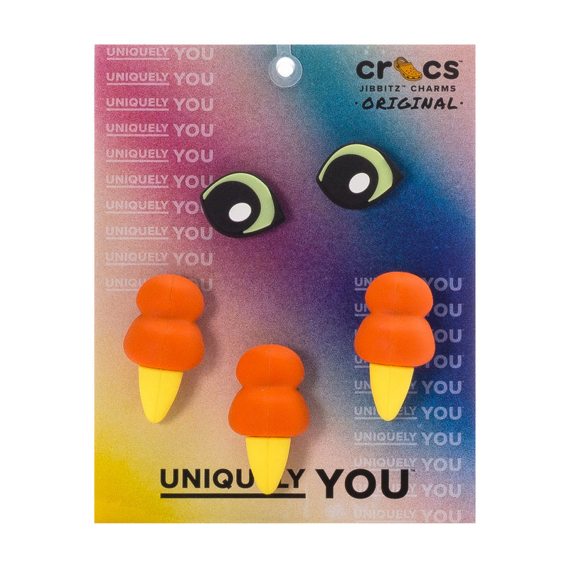 Dino Jibbitz charm pack with two black-and-green eye charms and three orange charms
