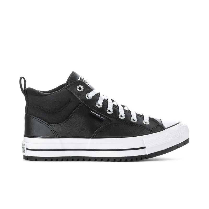 Men's black high-top boot, white laces and rubber toe cap