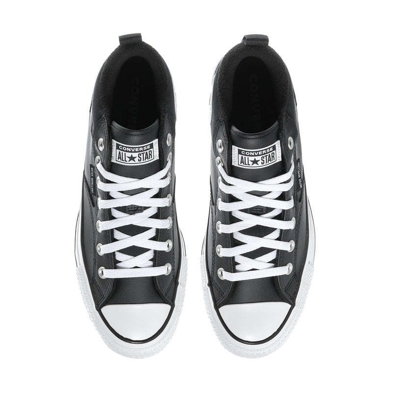 Men's black high-top boots with white laces and Converse All Star tongue labels