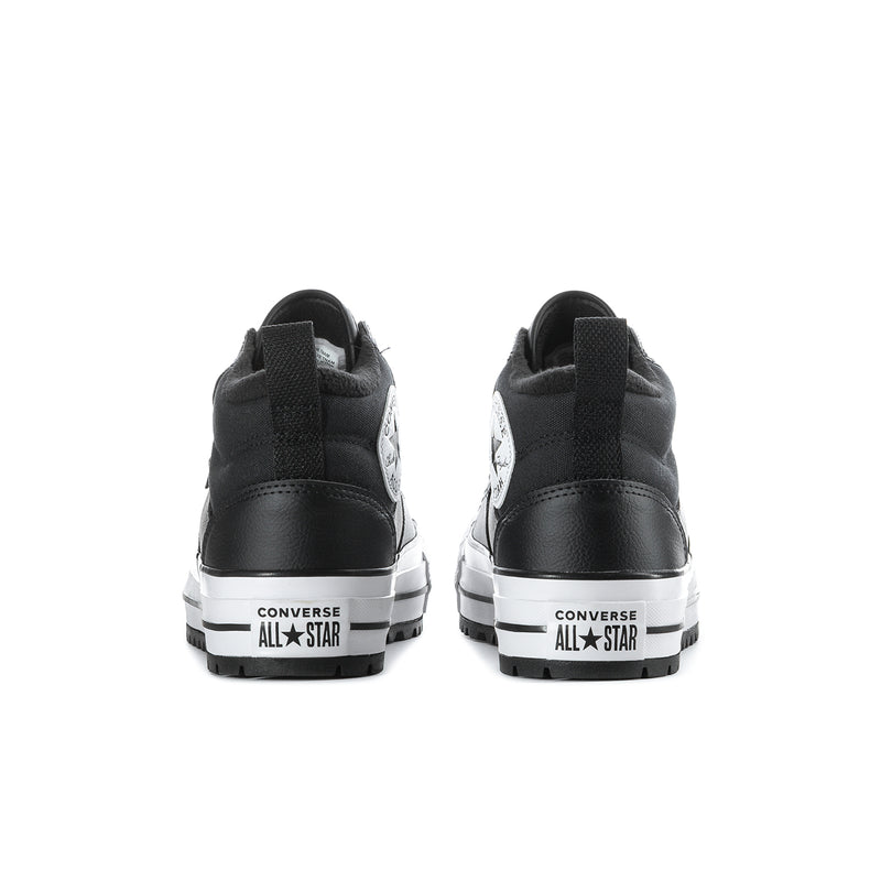 Men's black high-top boots, rear view with Converse All Star heel badge