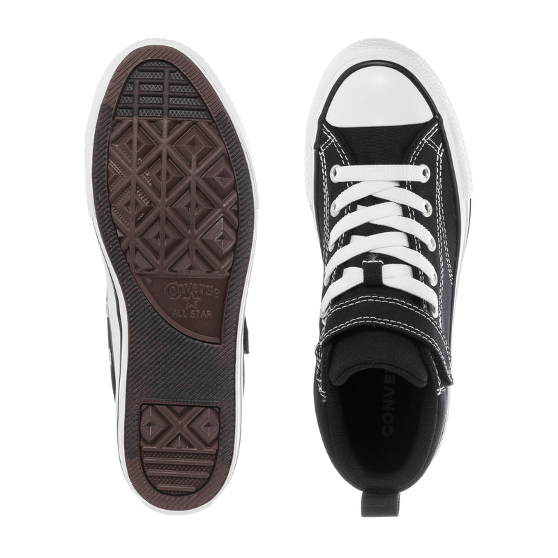 Kids black high-top sneakers showing outsole and side profile