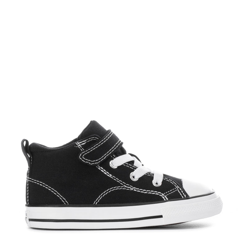 Toddler black high-top sneakers with white stitching, strap closure, and lace-up front.