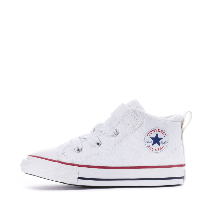 Toddler white high-top sneakers with Converse All Star patch and red trim, laces
