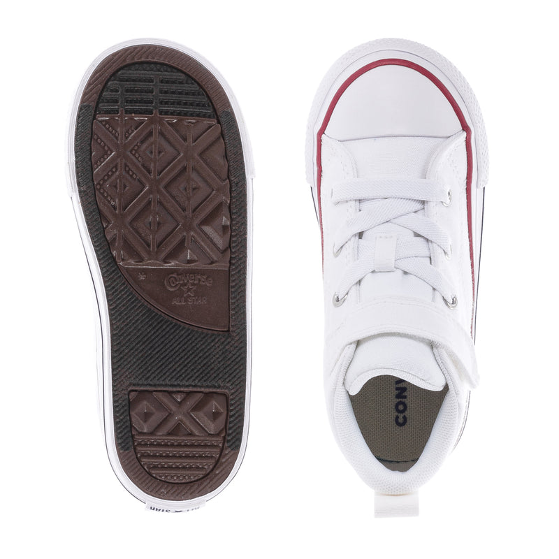 Toddler white high-top sneakers with brown rubber outsole and lace-up upper