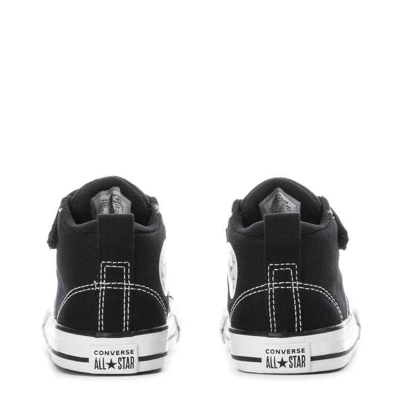 Toddler black high-top sneakers with Converse All Star logo on heel and white contrast stitching.