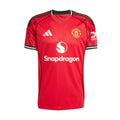 Men's red soccer jersey with V-neck, black trim, Manchester United crest and Snapdragon sponsor
