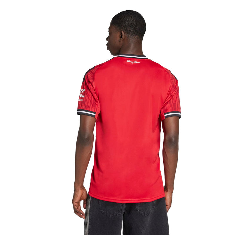 Men's red soccer jersey back view with black-trim collar and short-sleeve cuffs