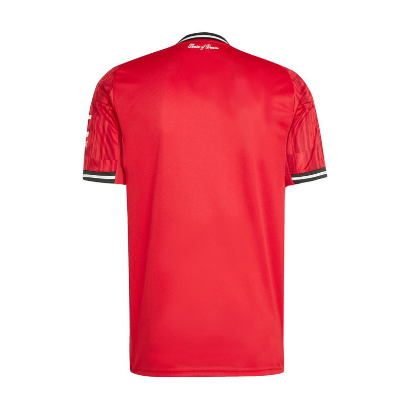 Men's red replica soccer jersey back view with black-striped sleeve ends