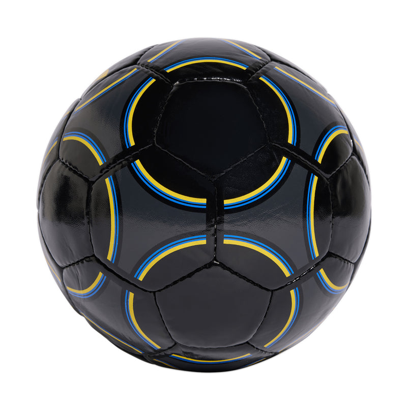 Manchester United football in black with blue and yellow accent stripes, top view