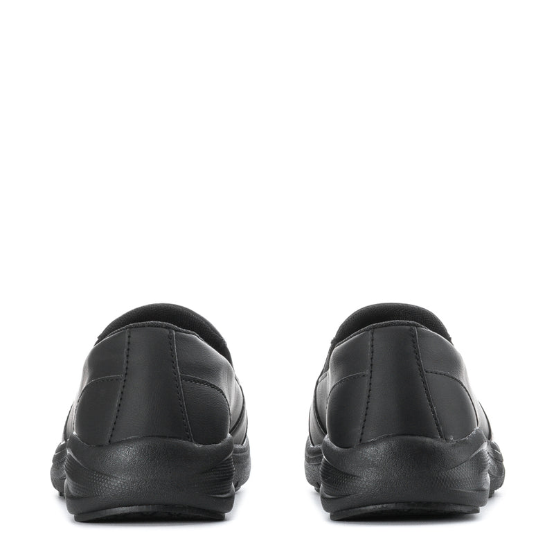 Women's black slip-on shoes, padded heel and stitched back panels