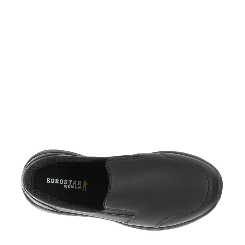 Women's black slip-on shoe with 'EUROSTAR WOMEN' insole label