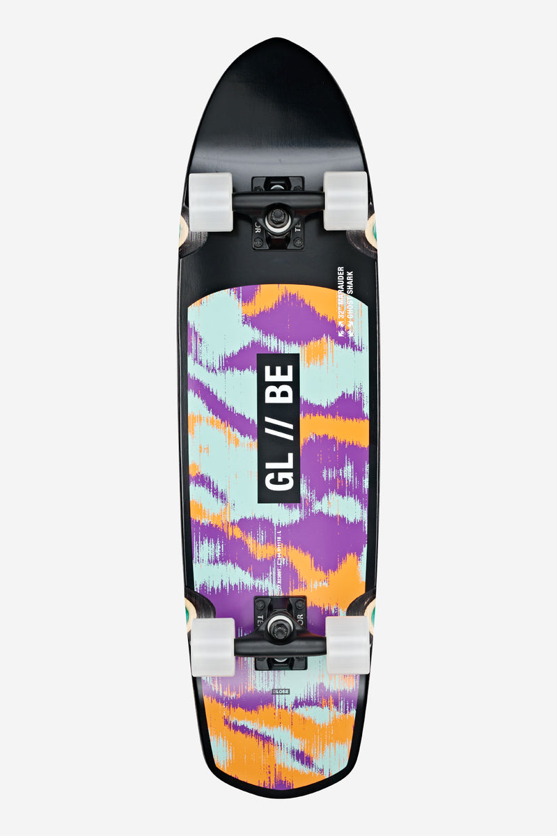 Top-down view of Marauder Cruiserboard 32 Ghost Shark with bold multicolor deck graphic and white wheels.
