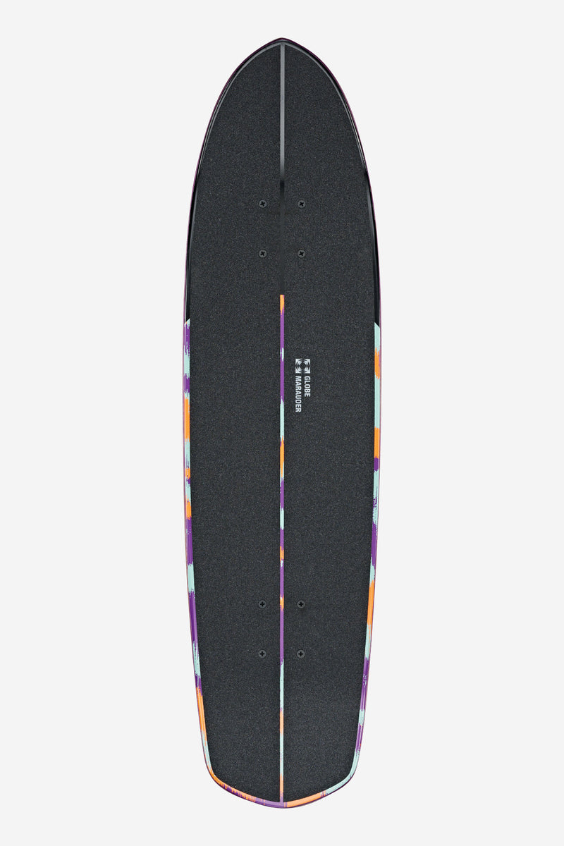 Top-down view of Marauder Ghost Shark cruiser deck with black grip tape and purple orange teal edge artwork.