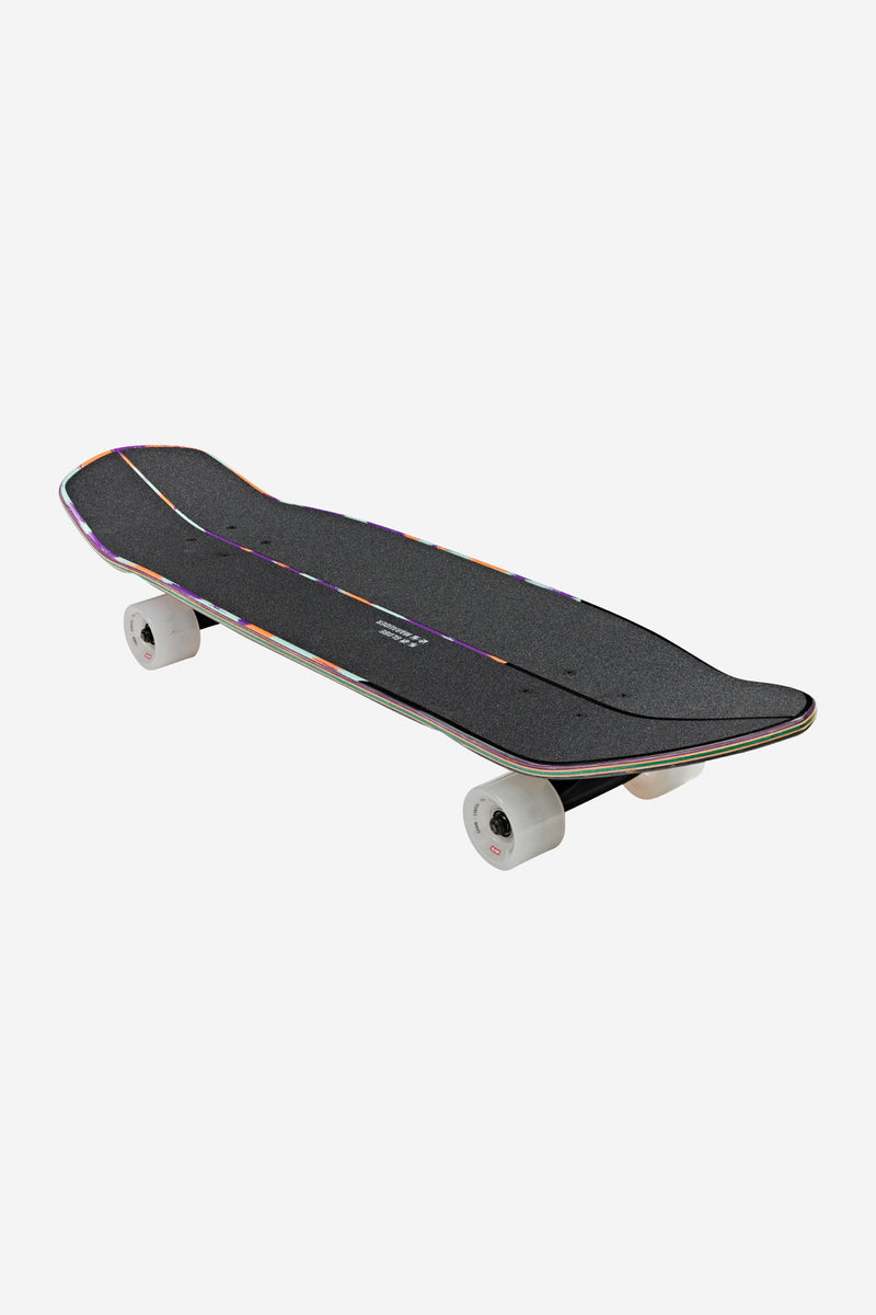 Top view of Marauder Cruiserboard 32 Ghost Shark with black grip deck and rainbow edge trim and white wheels
