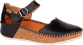 Black and brown sandal with cork sole on a white background