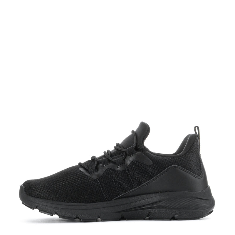 Women’s black knit lace-up sneaker with side panel detailing and rubber sole