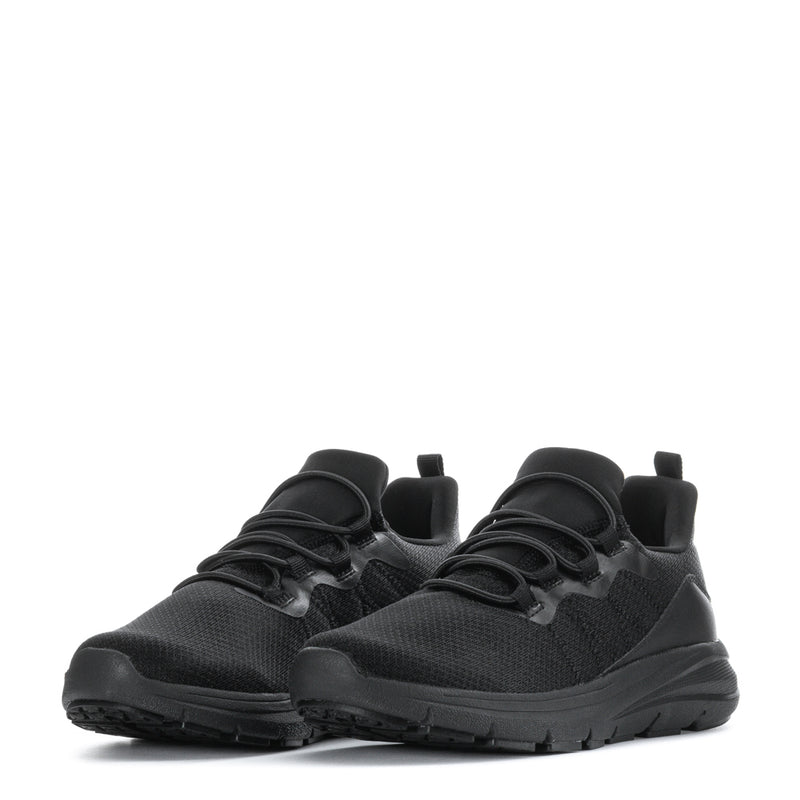 Women’s black lace-up sneaker pair shown from front with low-profile outsole