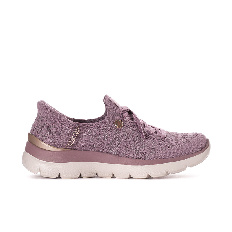 Women’s mauve knit lace-up slip-on sneakers with white cushioned sole