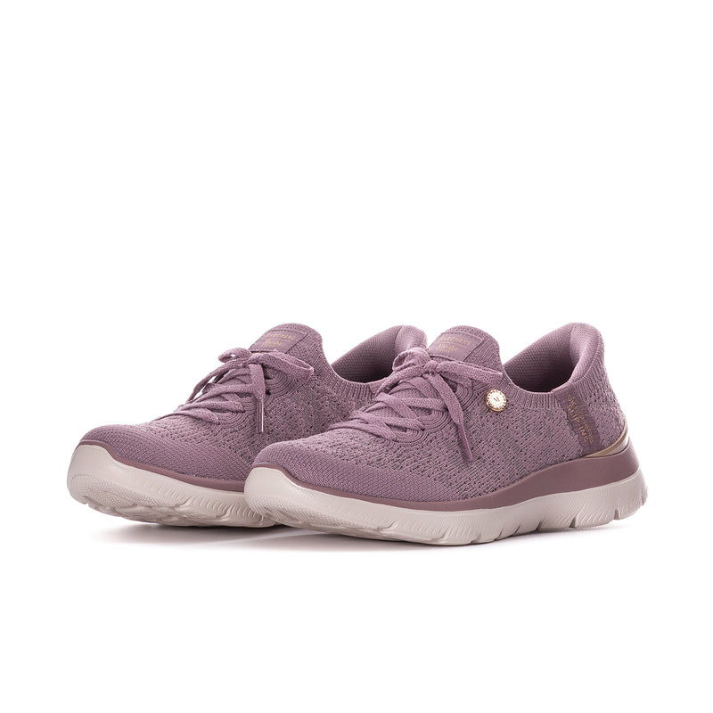 Women’s mauve knit sneakers with round toe, lace-up front, and white rubber sole