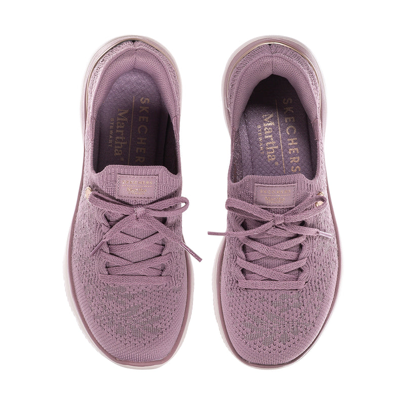Pair of mauve knit sneakers with padded collar and lace-up front