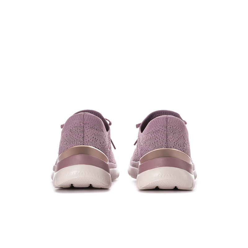 Women’s mauve knit sneakers, rear view with cushioned heel and white sole
