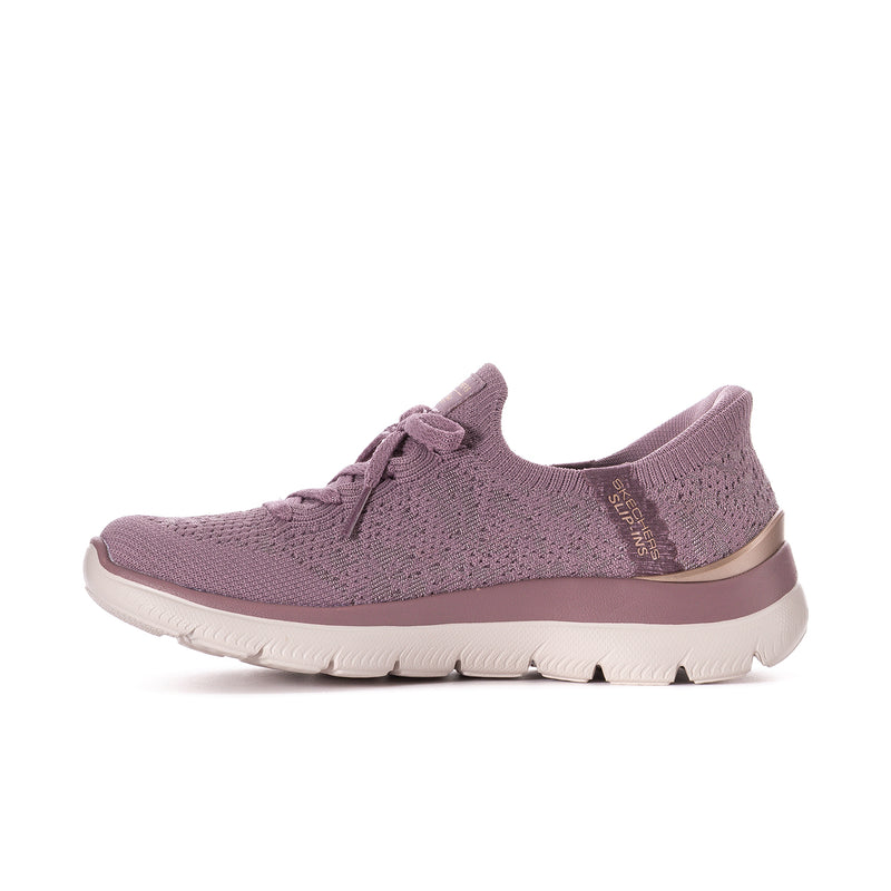 Women’s mauve knit sneakers with lace-up front and low-profile white sole