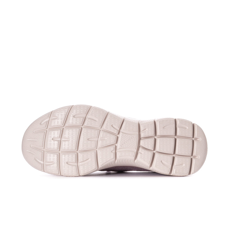 Mauve sneaker outsole with textured tread on white rubber bottom