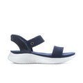 Navy slip-in knit sandals with padded straps and white cushioned sole