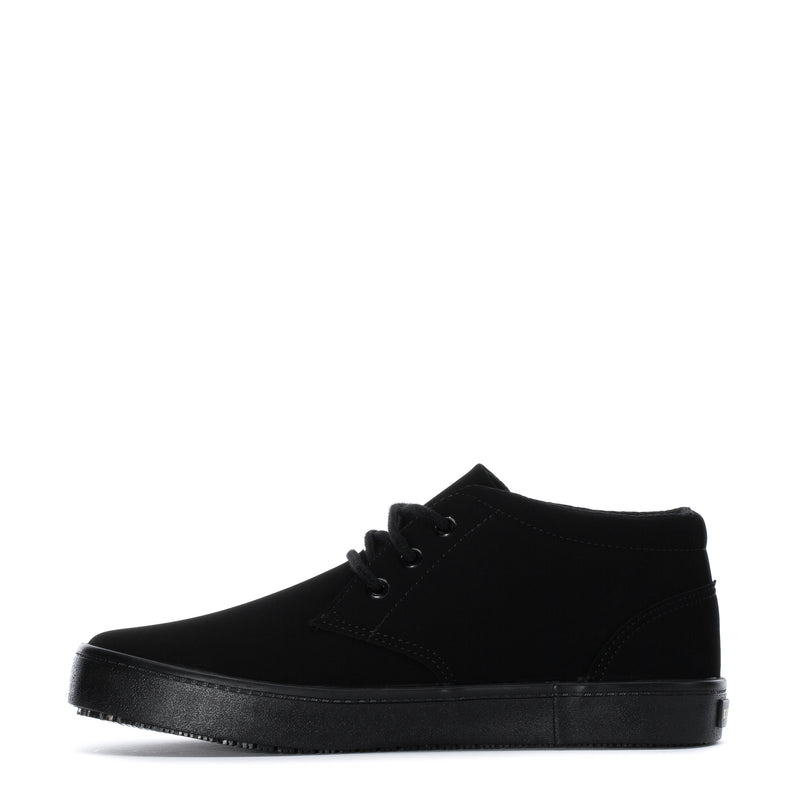 Black ankle-height lace-up chukka boot with round toe and rubber outsole
