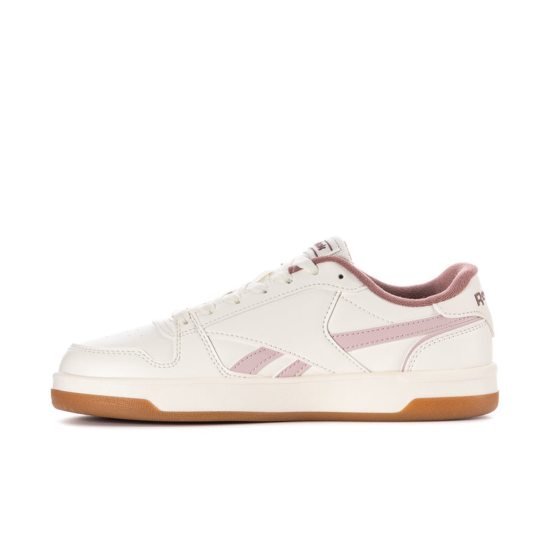 Women’s Reebok Match Prime V2 sneakers, white with pink stripe detailing and tan gum sole.