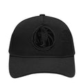 Black low-profile snapback cap with embroidered front logo and eyelet stitching