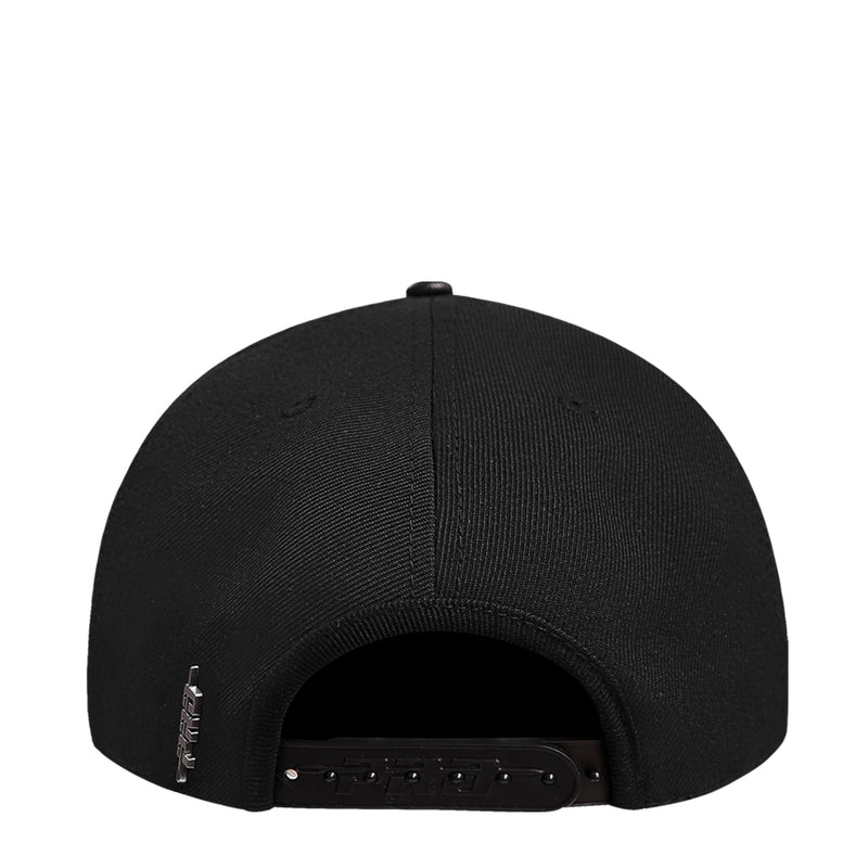 Black snapback cap back view with adjustable strap and ventilation eyelets