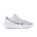 Men's low-top sneakers in white with gray speckled camo-textured panels, lace-up.